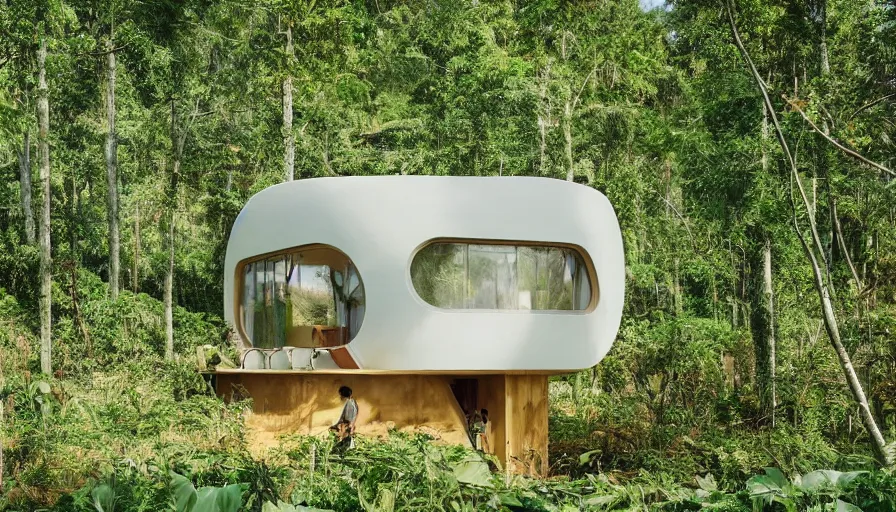Image similar to A wide image of an eco-community of innovative contemporary 3D printed prefab sea ranch style cabins with rounded corners and angles, beveled edges, made of cement and concrete, organic architecture, in a lush green forest Designed by Gucci and Wes Anderson, golden hour