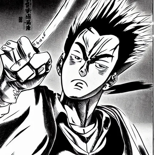 Prompt: young adult, angry, pompadour hair, art by tetsuo hara, yusuke murata, jotaro kujo, japanese delinquent, metal bat, kuwabara hairstyle, akira kongou, banchou, action pose, action scene, manga issue, comic book cover