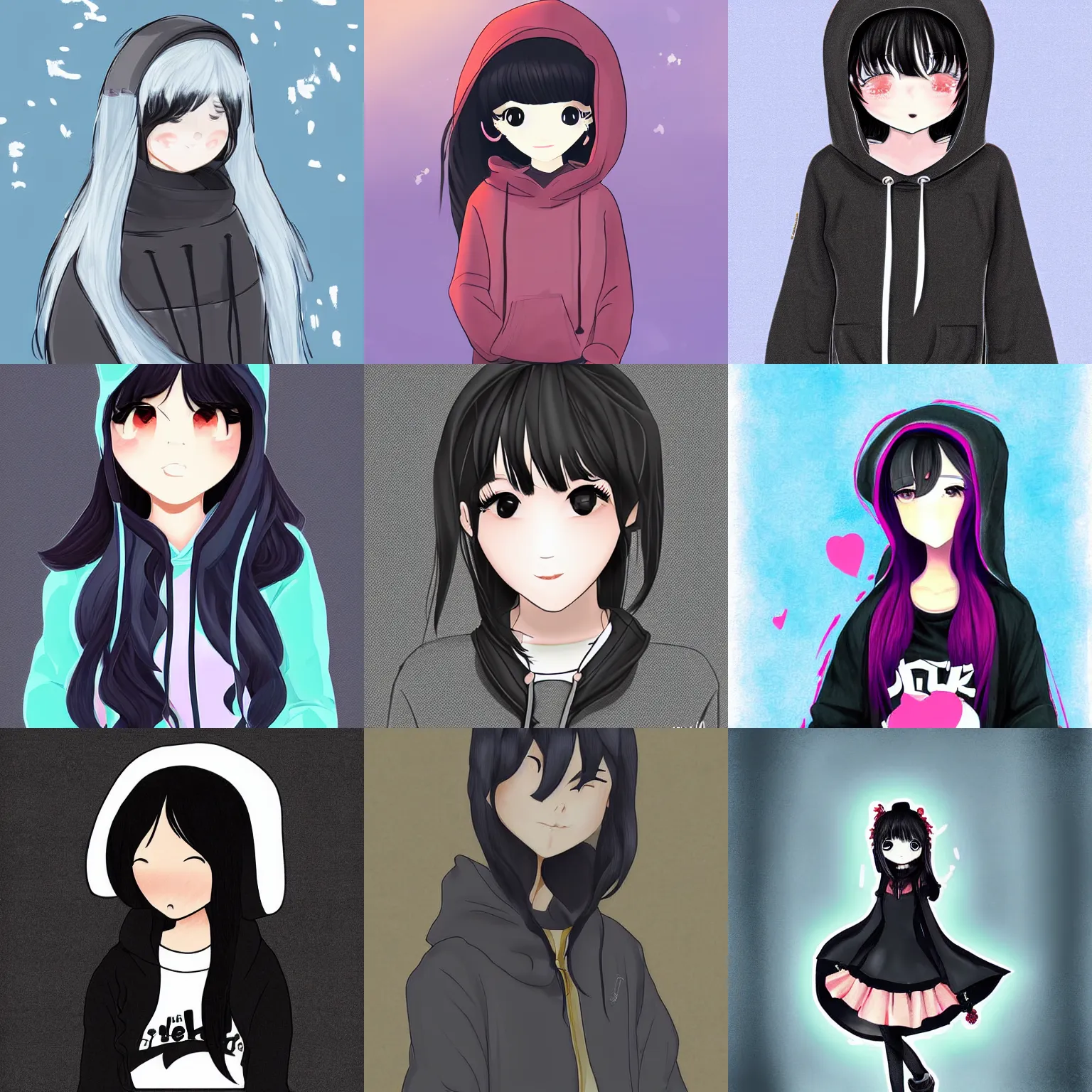 Prompt: digital art of black haired cute girl wearing hoodie drawn by mika pikazo