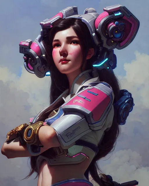 Image similar to d. va from overwatch, character portrait, portrait, close up, concept art, intricate details, highly detailed by greg rutkowski, michael whelan and gustave dore