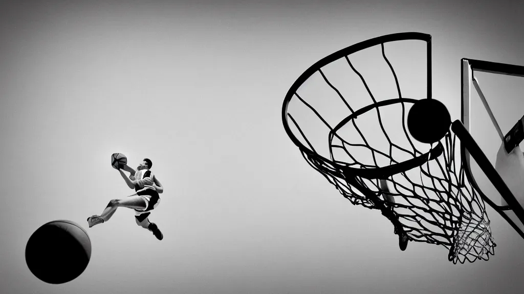 Prompt: a photograph of a basketball rebound from above the rim, in the styles of sports illustrated, a nike advertisement, and ansel adams. intricate, hyperrealistic, monochrome hdr