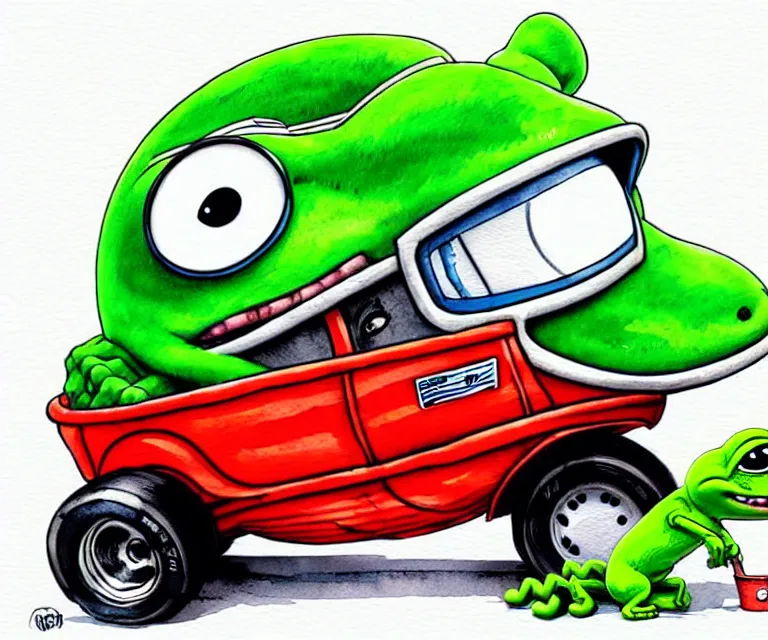 Image similar to cute and funny, cute pepe wearing a helmet riding in a tiny hot rod with oversized engine, ratfink style by ed roth, centered award winning watercolor pen illustration, isometric illustration by chihiro iwasaki, edited by range murata