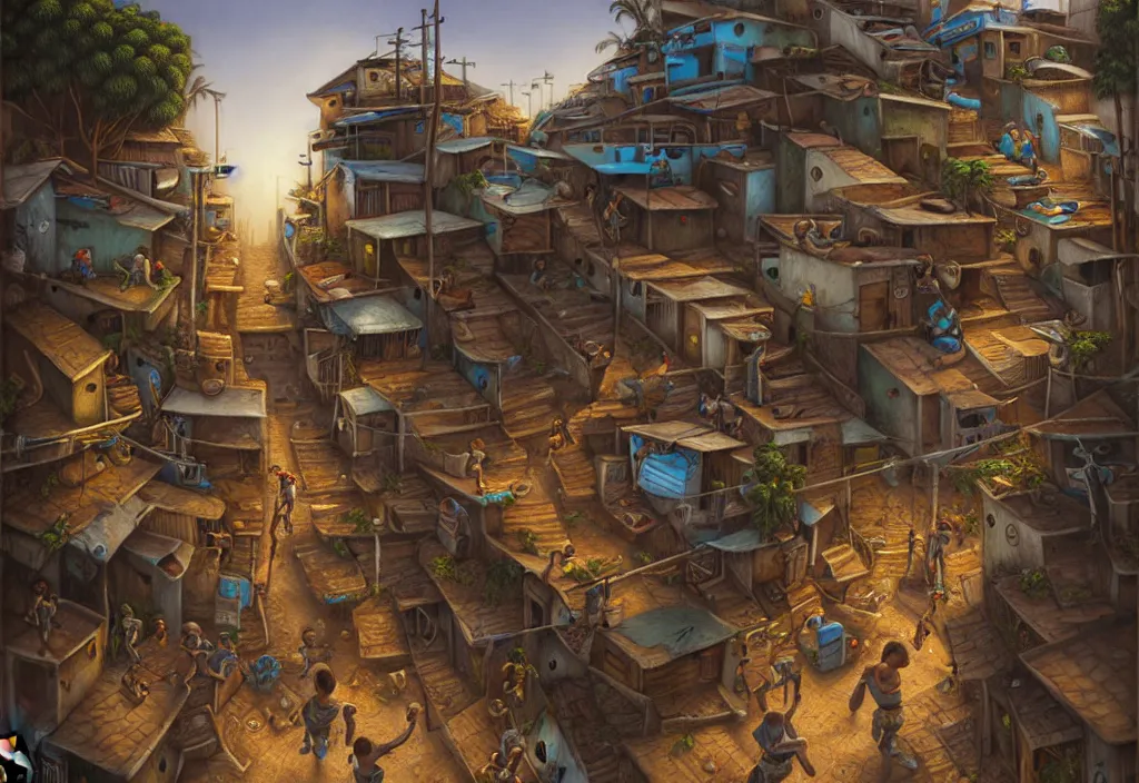 Image similar to photorealistic favela rio with guns and kids in by Justin Gerard