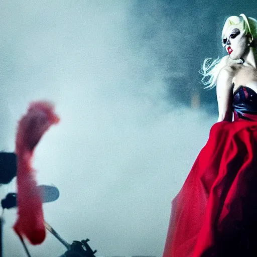 Image similar to Lady Gaga as real-life Harley Quinn, cinematic, Low angle, atmospheric fog and lighting, directed by Michael Bay, movie still, photography