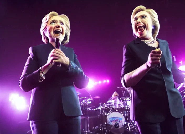 Image similar to publicity photo still of hillary clinton in a death metal band playing live on stage, 8 k, live concert lighting, mid shot