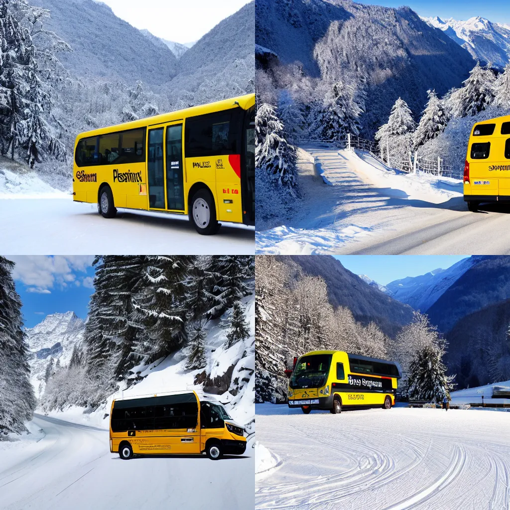 Prompt: Switzerland Postbus Alps Winter 4896x3264