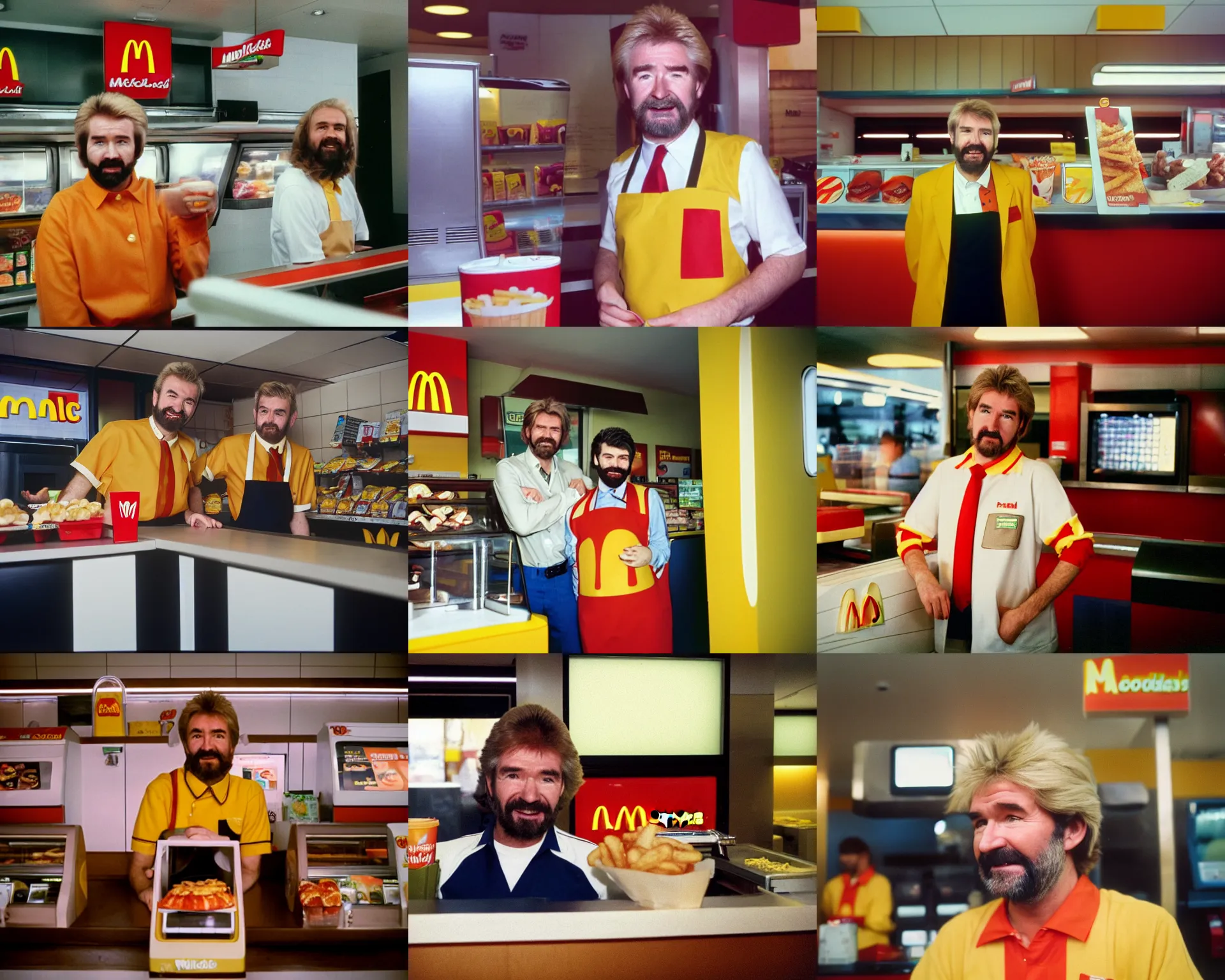 Image similar to noel edmonds wearing mcdonalds brown uniform, behind the counter at mcdonalds asking if you want fries with that, portra 4 0 0