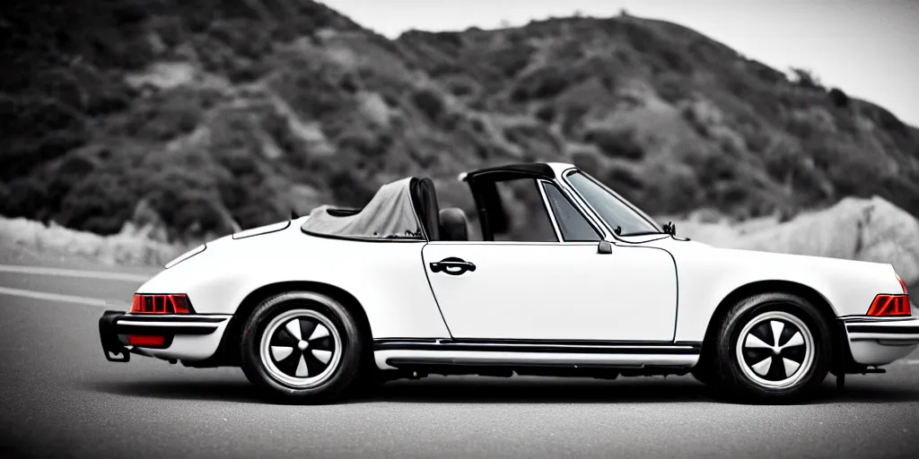 Image similar to photograph, debadged, 1974 PORSCHE 911, roadster, by Pete Biro, press release, cinematic, malibu canyon, 8k, depth of field, bokeh. debadged ,