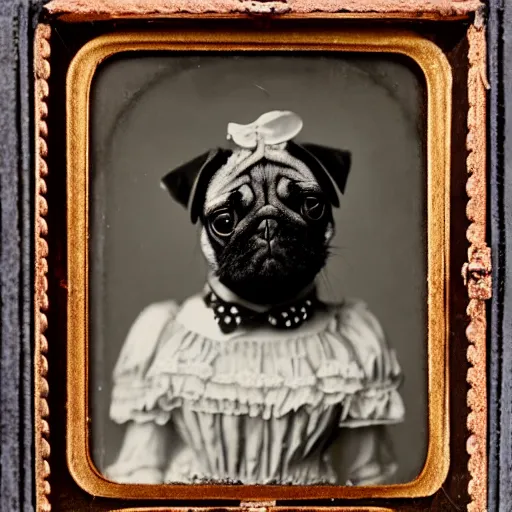 Prompt: daguerreotype portrait of a pug wearing a victorian dress