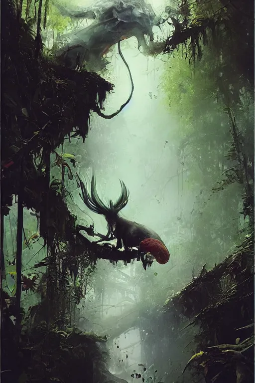 Prompt: fear not the creatures of the jungle but those that lurk within your mind., by ryohei hase, by john berkey, by jakub rozalski, by john martin