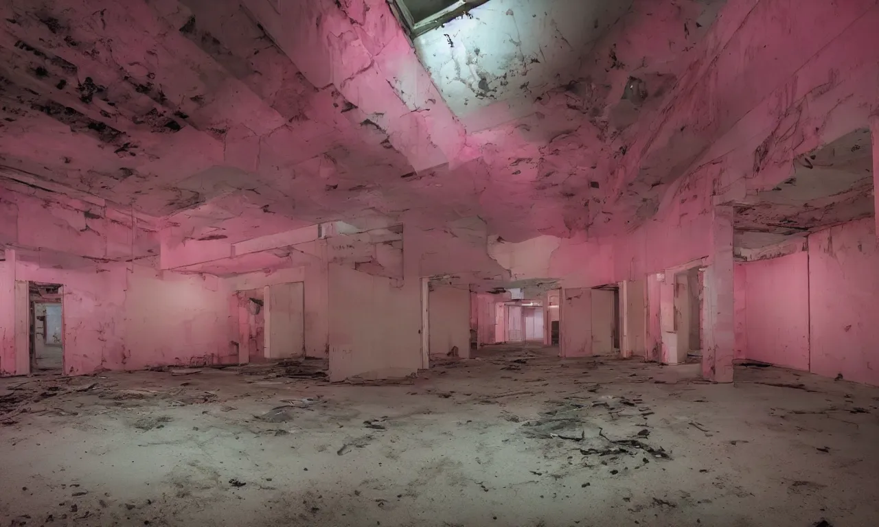 Image similar to backrooms abandoned mall, ominous neon pink lighting, moldy walls and shallow water, shadowy tall figures in the distance