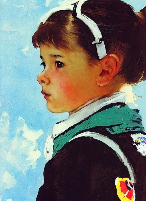 Image similar to a copic maker portrait of an student girl wearing a pilot suit with a puffy kimono coat by john berkey norman rockwell