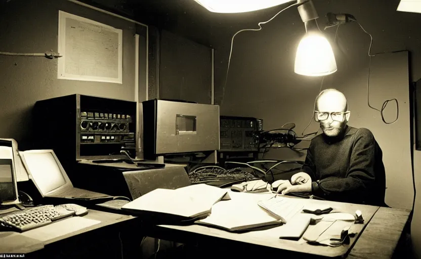 Image similar to man sitting facing away, working in low lit radio booth, one single lamp, dingy, colour film, keyboard, door to lab, sweaty, tannoy, strange