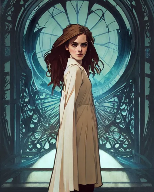 Image similar to Poster artwork, Emma Watson as Hermione Granger, medium shot, details, sharp focus, illustration, by Jordan Grimmer and Alphonse Mucha and greg rutkowski and PiNe(パイネ) and 薯子Imoko and 香川悠作 and maya takamura, intricate, beautiful, Trending artstation, pixiv, digital Art