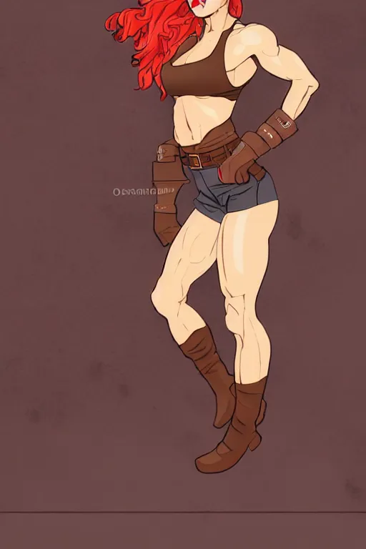 Image similar to a hyper muscular woman, bronze - skinned, blue - eyes, wearing a black cropped tank top, military pants, brown boots, wavy big red hair, 8 0's hairstyle, red lips, action pose, art by osmar - shotgun, trending on art station, illustration, action scene, full body