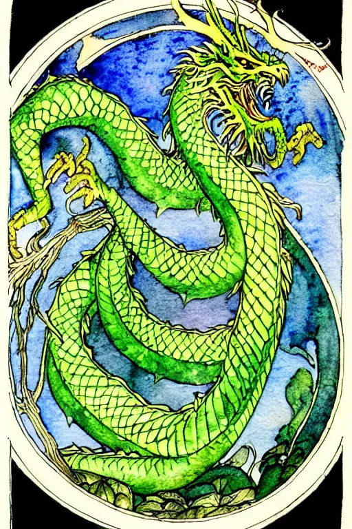 Image similar to green dragon watercolor painting in the center of a circular frame of leaves, art by walter crane and arthur rackham, illustration style, watercolor