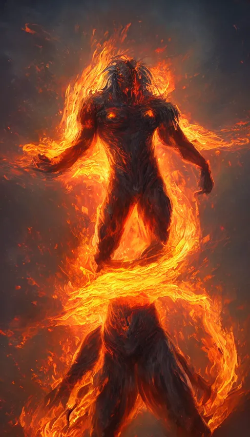 Prompt: fire elemental, man figure, flat background, man body, full body, intricate, beautiful, pathfinder, epic painting, paint texture, uplight, 8k, highly detailed, illustration