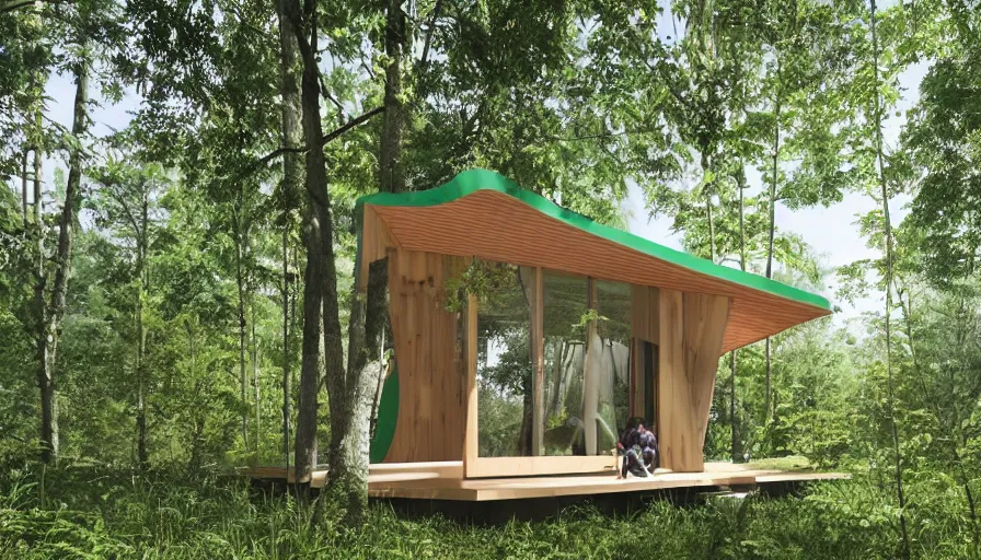 Image similar to A unique innovative and creative eco community of small affordable and contemporary creative cabins in a lush green forest with soft rounded corners and angles, 3D printed line texture, made of cement, connected by sidewalks, public space, and a park, Design and style by Zaha Hadid, Wes Anderson and Gucci