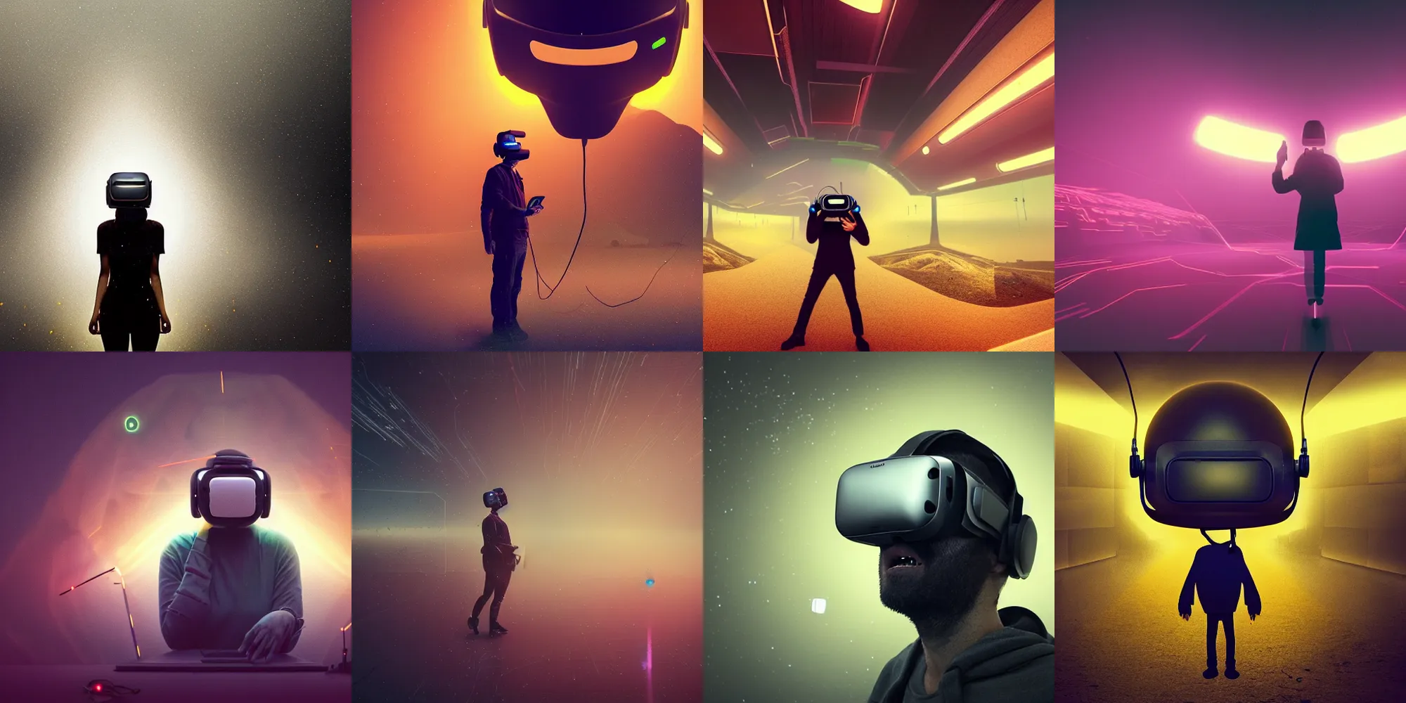 Prompt: beautiful dark landscape, person screaming wearing a virtual reality helmet, old broken computer, in the style of beeple and Mike Winkelmann, intricate, epic lighting, cinematic composition, hyper realistic, 8k resolution,