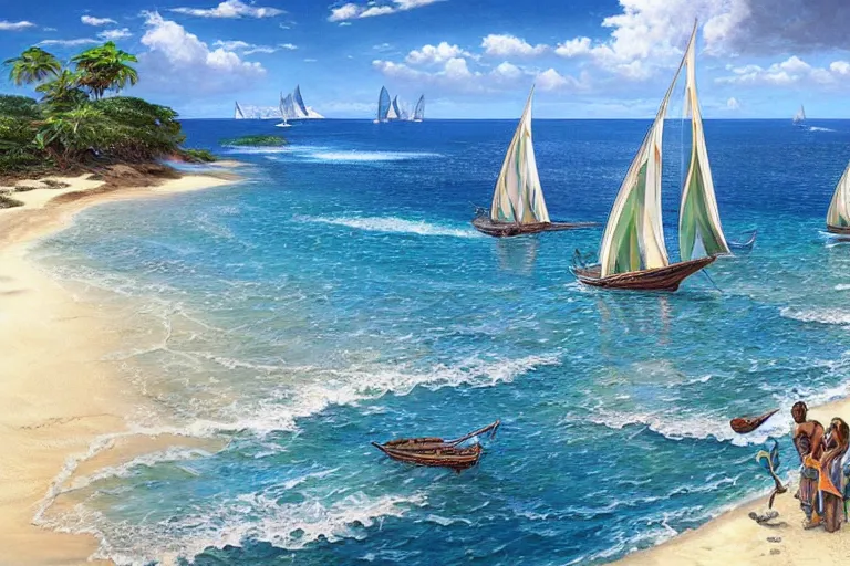Image similar to ultra realistic illustration,, a beach in tanzania with sailboats in the distance, tropical blue water intricate from baldurs gate, elegant, highly detailed, digital painting, artstation, concept art, smooth, sharp focus, illustration, art by artgerm and greg rutkowski and alphonse mucha
