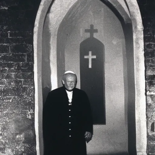 Image similar to award - winning photograph of john paul ii standing in the entrance to a small burning church building, at night, pitch black, christian cross