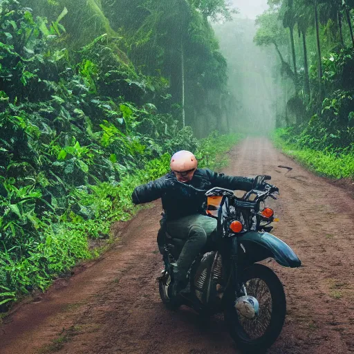 Image similar to potato riding a motorcycle through the jungle off - road low angle with rain and lightning