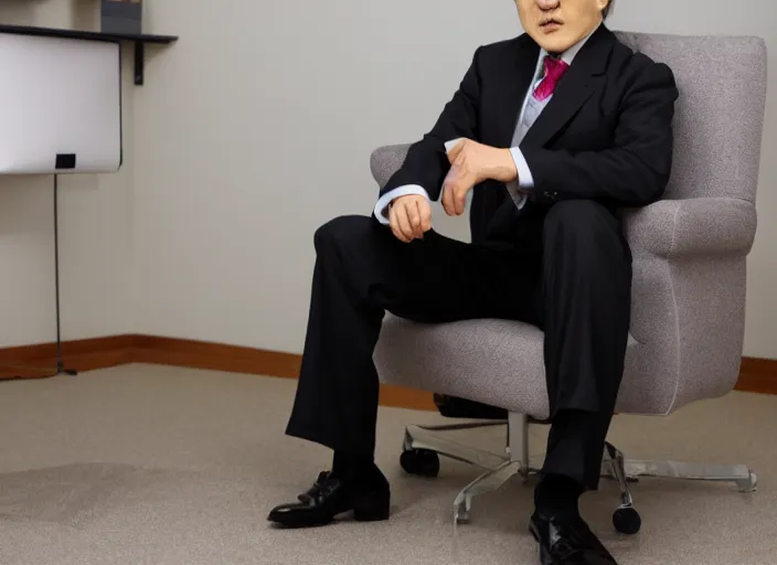 Image similar to heihachi mishima as a well dressed ceo sitting in an office photoshoot