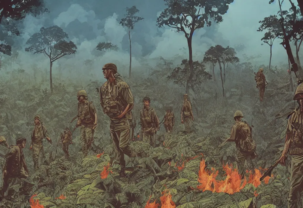 Image similar to handmade illustration of an epic Vietnam war scene with a few american soldiers walking, the jungle at the background, some smoke and fire, blue sky with dramatic clouds, line art, ink, watercolor by Kilian Eng and by Jake Parker, heavy brushstrokes, winning-award masterpiece, fantastic, octane render, 8K HD Resolution, High quality image