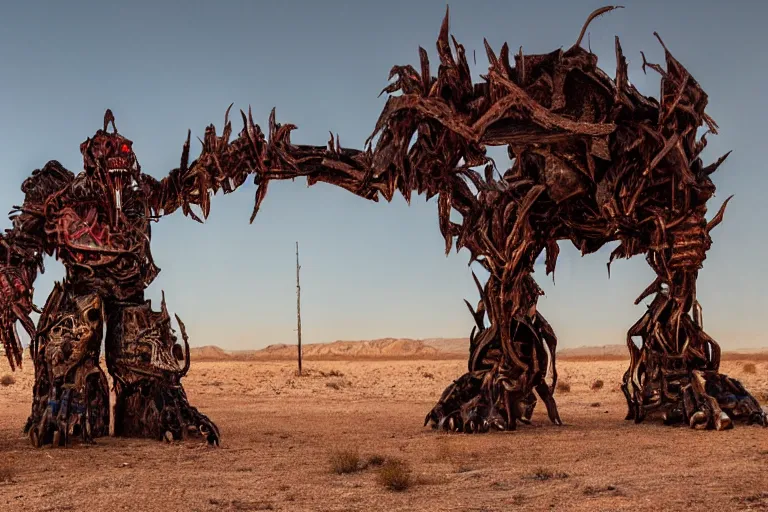 Prompt: a gigantic angry monster made of scrap metal with red eyes, standing in the desert, looking at camera, realism, photo realistic, high quality,