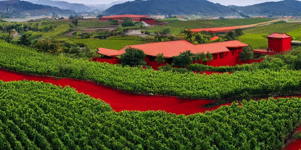 Image similar to A ink painting winery with red walls and a green roof. The vineyards are sprawling and green, with a river winding through them. In the distance, there are mountains. by zhang zeduan, mi fu, painting on silk, immaculate scale, hyper-realistic, Unreal Engine, Octane Render, digital art, trending on Artstation, 8k, detailed, atmospheric, immaculate