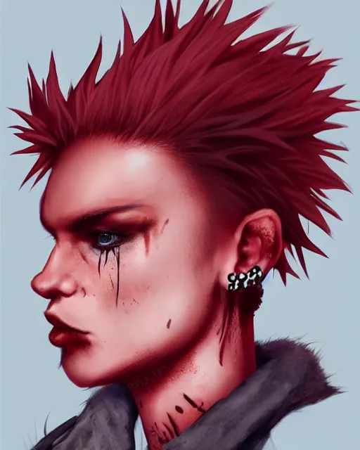 Image similar to young man with a short red dyed mohawk, red irises and a slim face, piercings, dressed in crustpunk clothing, headshot, attractive, handsome, model, trending on artstation, high quality art, character design, realism art, award winning art, in color, no makeup, no tattoos