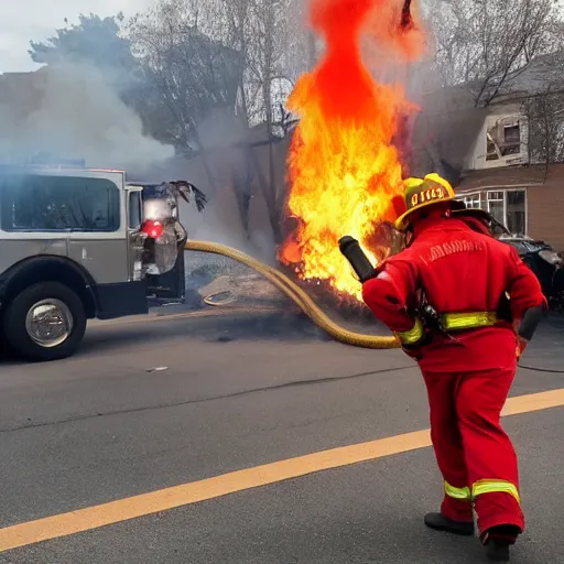 Image similar to a clown wearing firefighter clothes, using a flamethrower on a dumpster fire