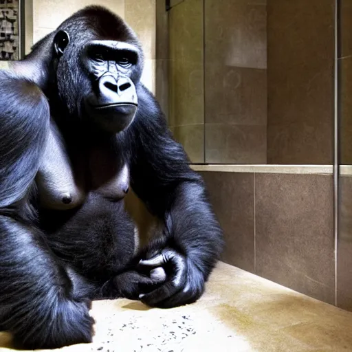 Prompt: A gorilla sleeping in a bathroom, Book cover, 4K HD