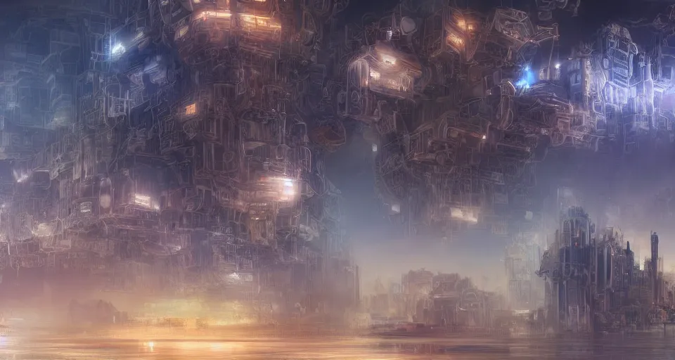 Image similar to Mech robot city. By Joseph Mallord William Turner, fractal flame, highly detailded