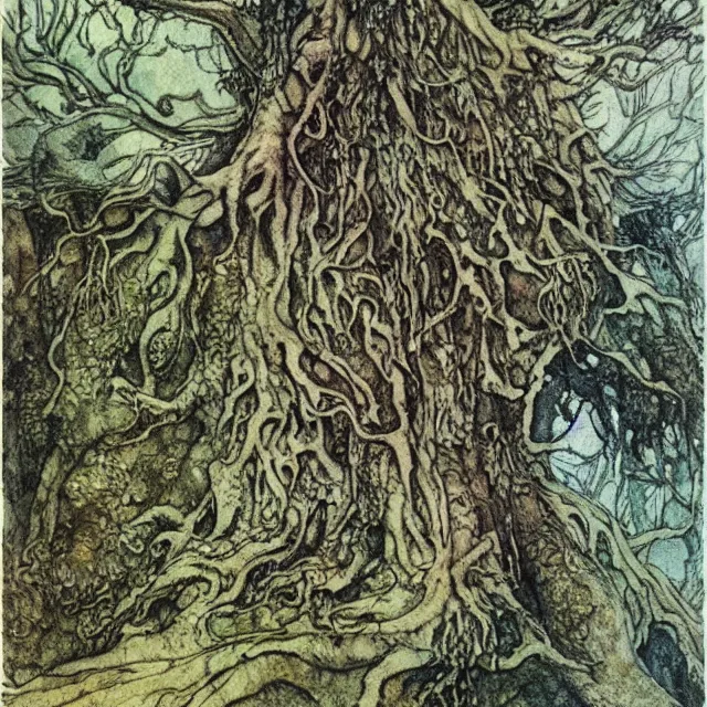 Prompt: a detailed, intricate watercolor and ink portrait illustration with fine lines, of a gnarled mossy tree, by arthur rackham and edmund dulac and ted nutall