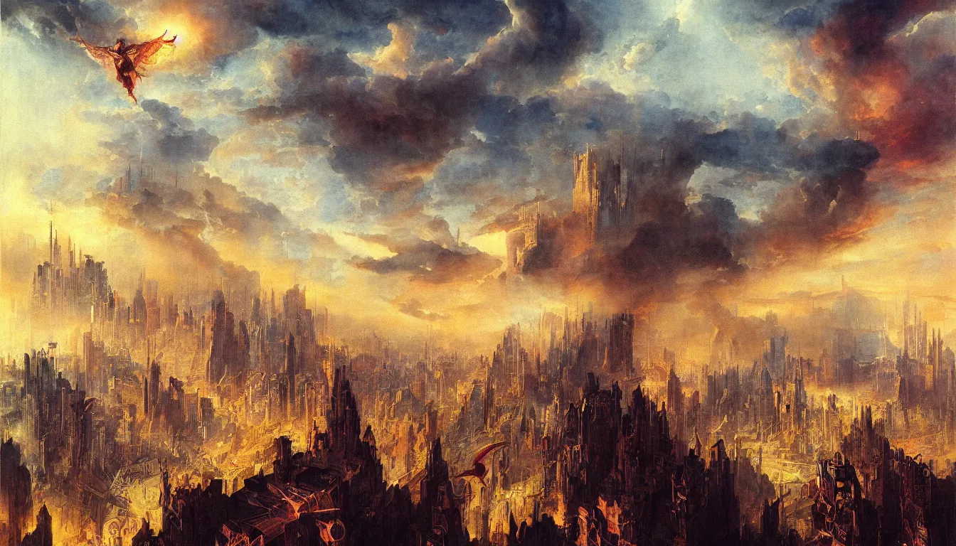 Prompt: apocalyptic painting of Satan descending from the sky over a cyberpunk metropolis, by John Martin, watercolour, soft light, high detail