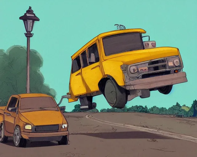 Prompt: a study of cell shaded cartoon of a yellow truck on a country road, street lamps, road, illustration, wide shot, subtle colors, post grunge, concept art by josan gonzales and wlop, by james jean, Victo ngai, David Rubín, Mike Mignola, Laurie Greasley, highly detailed, sharp focus, alien, Trending on Artstation, HQ, deviantart, art by artgem