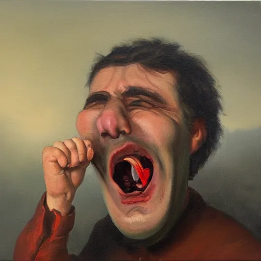 Prompt: horrified man screaming with open mouth and carrots protruding from his eyeballs, foggy atmosphere, oil painting