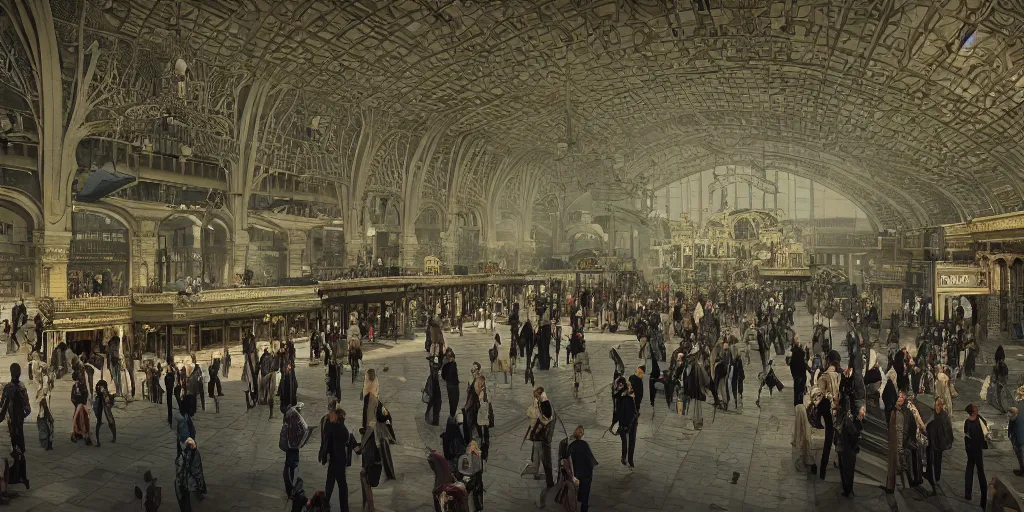 Image similar to cinematic movie scene, 200mm wide shot, precise architectural rendering, interior of victorian era railway station with ornate architecture, bustling with people and, victorian architecture, emerald, crystalline, detailed illustration, sharp focus, concept art, unreal engine, octane render, god rays, aesthetic