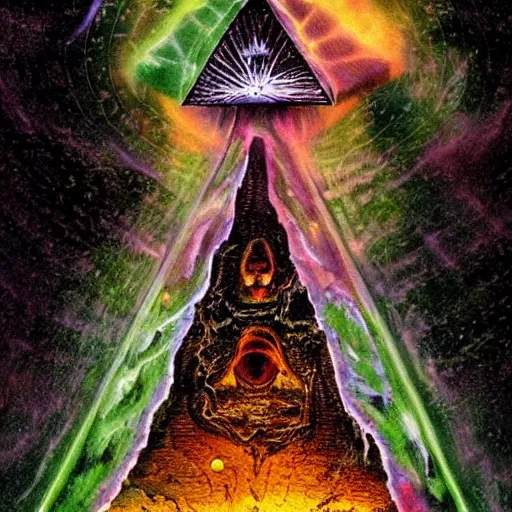 Image similar to an ominous luminous alien figure embedded within a pyramidal pyramidal platform decorated with filigree dust and hell chyness, hellish smoky doom scientists take their first taste of a universe full of mushrooms and