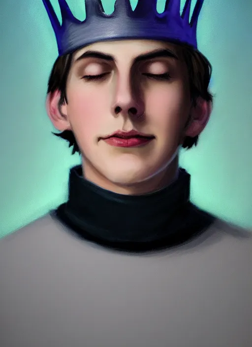 Image similar to portrait of teenage jughead jones wearing a light grey crown, crown, blue turtleneck, closed eyes, eyes closed, smile, crown, black hair, intricate, elegant, glowing lights, warm lighting, highly detailed, digital painting, artstation, concept art, smooth, sharp focus, illustration, art by wlop, mars ravelo and greg rutkowski