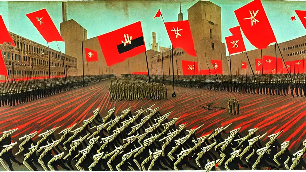 Image similar to army parade glorious march, futuristic alternate timeline, anarcho - communist hordes, red and black flags, modernist factories in background, art by max ernst, cnt spanish civil war era propaganda