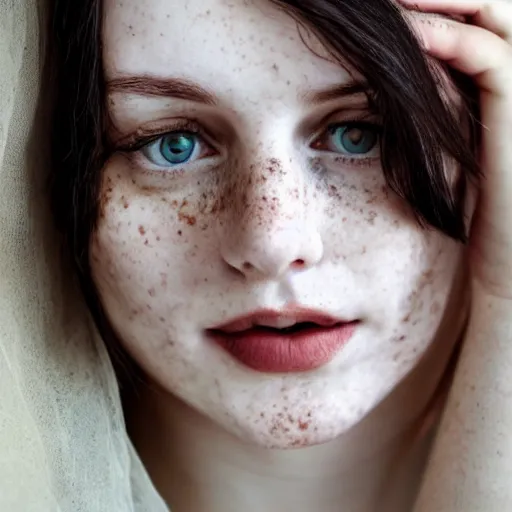 Image similar to Beautiful Scottish dark haired woman, pale skin, freckles, coy, anima