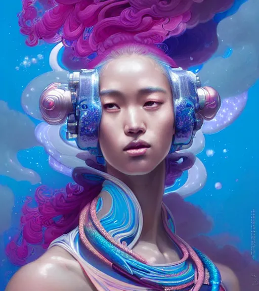 Prompt: porttait of a beautiful celestial Hawaiian pearlescent rgb Goddess wearing a futuristic lush Japanese battlesuit exposed in cryo chambers by James Jean, royal blue and pink theme, intricate, elegant, highly detailed, centered, digital painting, artstation, concept art, smooth, sharp focus, illustration, by Peter Mohrbacher, WLOP