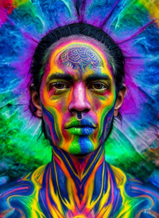 Prompt: full body statue of a psychedelic shaman by Jean-Baptiste Carpeaux and Luo Li Rong and Michael James Talbot, all body, flying in space. perfect symmetrical face, colorful, psychedelic psychedelic psychedelic colors, fresh rainbow bodypainting, synthwave, in full growth, elegant, realistic, 8K, female full-skin figure, hyperrealism, subsurface scattering, raytracing, rim light, Octane Render, Redshift, Zbrush, Zdzisław Beksiński, complex psychedelic glitch background