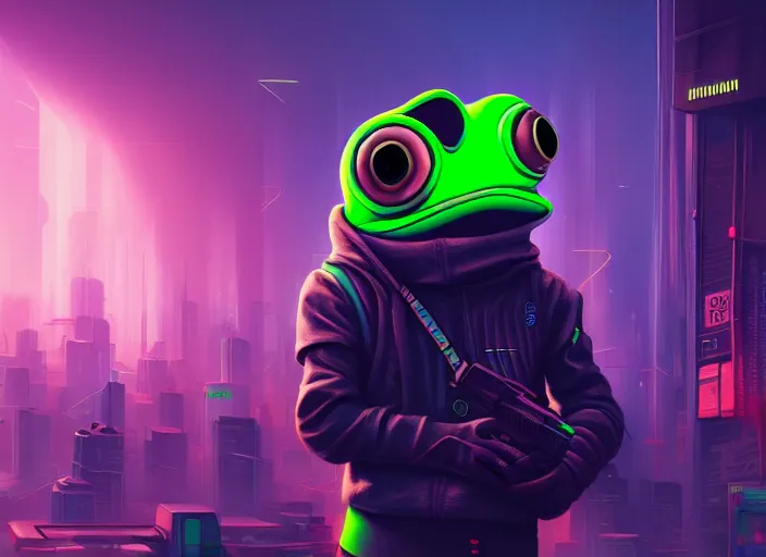 Prompt: cyberpunk pepe the frog, futuristic city, computers, dylan kowalski, marat zakirov, albert ramon puig, trending on artstation, 8 k