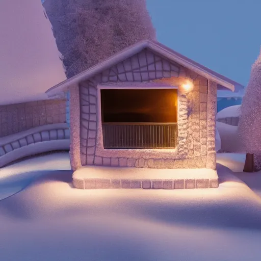Prompt: house made out of ice, landscape made out of chocolate, dawn lighting, 4k high quality render, ray-tracing