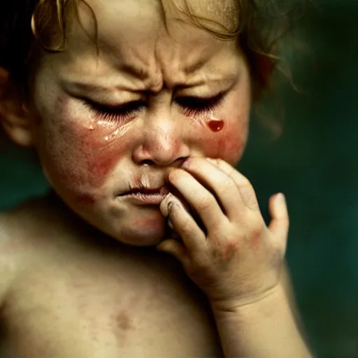 Prompt: portrait photography of crying child with tears in eyes by annie leibovitz, deep emotions, perfect facial symmetry, dim volumetric cinematic lighting, 8 k, post - processing, extremely hyper - detailed, intricate, epic composition, masterpiece, stunning,