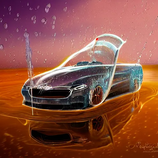 Prompt: water poured over a transparent car, digital art