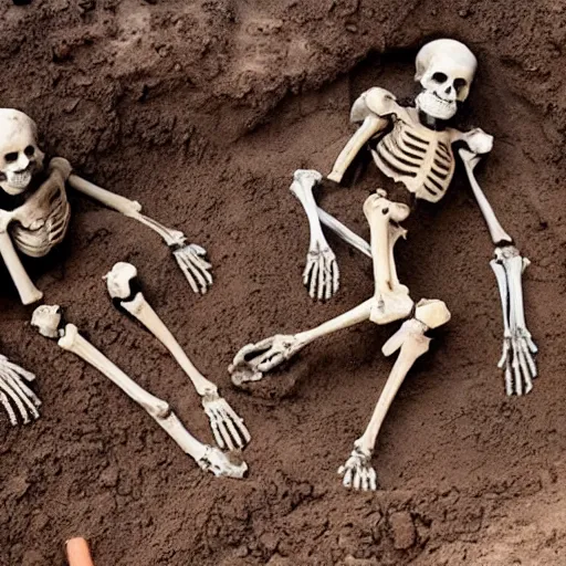 Prompt: archaeological search two human skeletons half buried in dirt